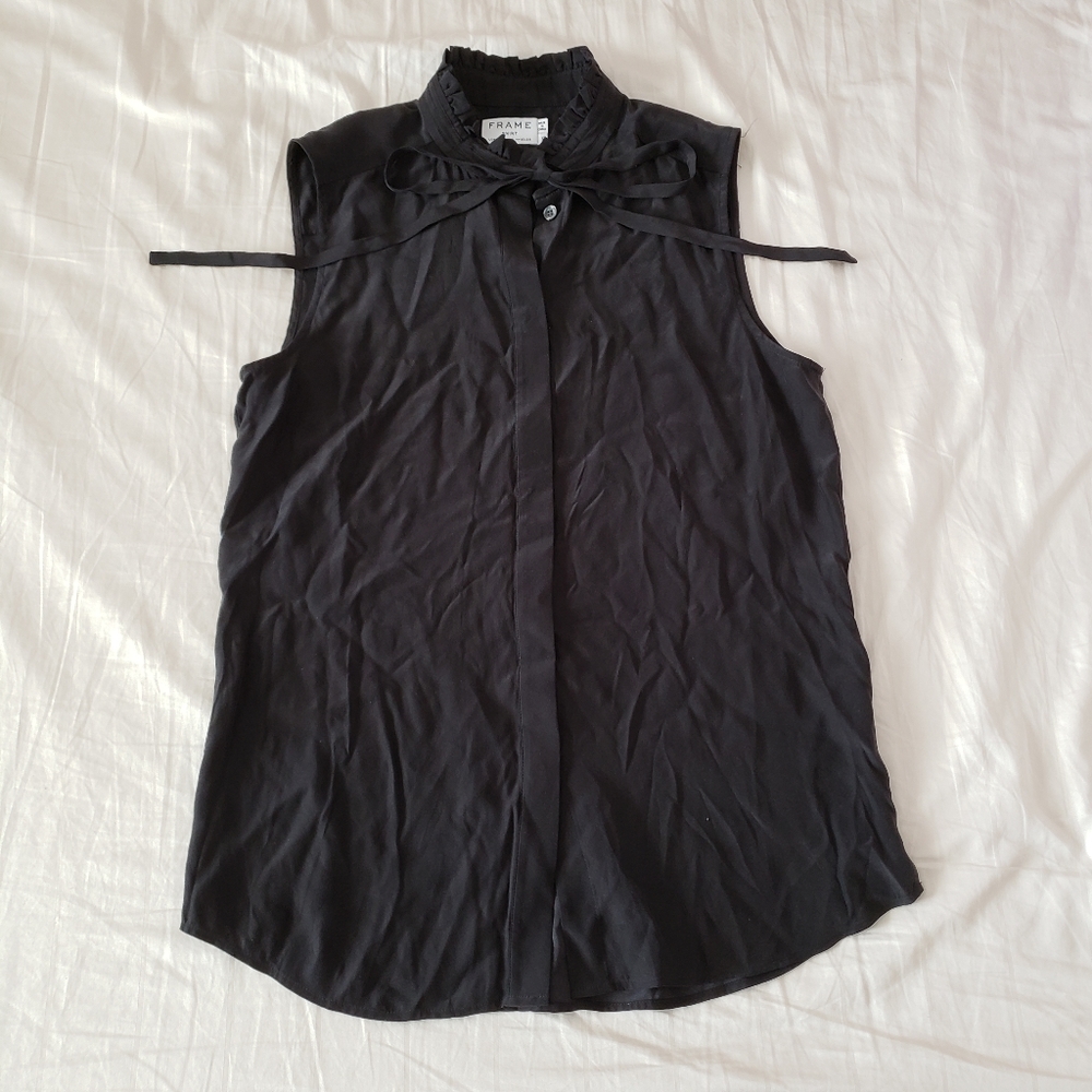 Frame womens black sleeveless blouse w/ tie ribbon
